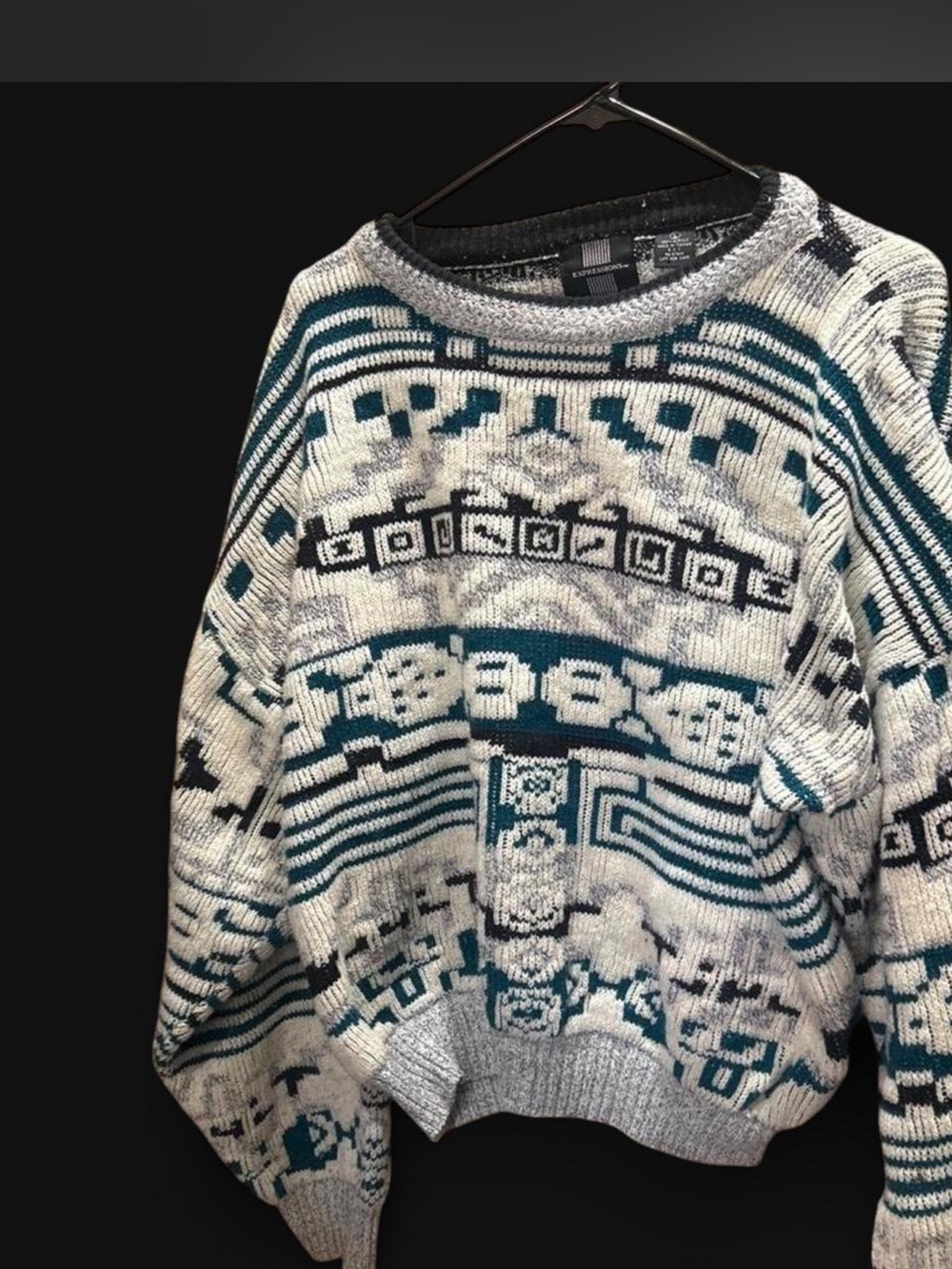 Expressions Teal, Gray and Black Geometric Crewneck Sweater